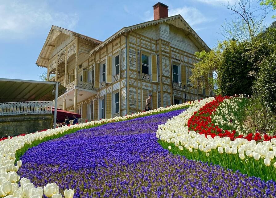 Haus mit Vorgarten am Hang mit Blumenbepflanzung